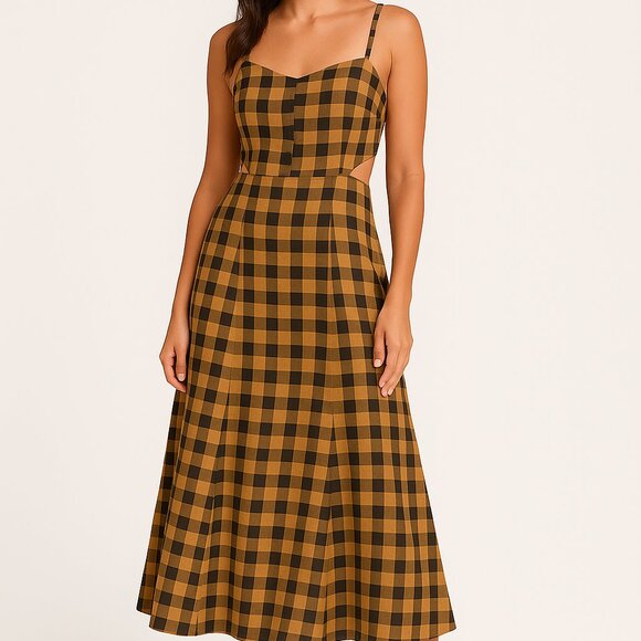 Harshman Luiza Gingham Midi Dress XS Brown Check NWT - Picture 1 of 6